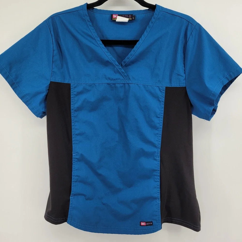 Lizzy-B Scrub Collection Womens L Blue Black V-Neck Top and Pants Set Medical